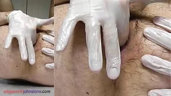 Play Oily anal finger fuck fingering in surgical gloves. mans' asshole closeup.
